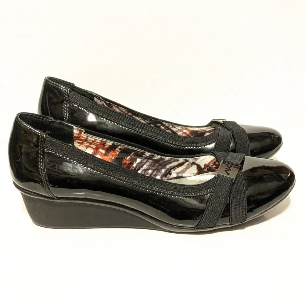 Anne Klein AKDEFINITELY Women's Black Silver Buckle Wedge Career Shoes Size 6 M